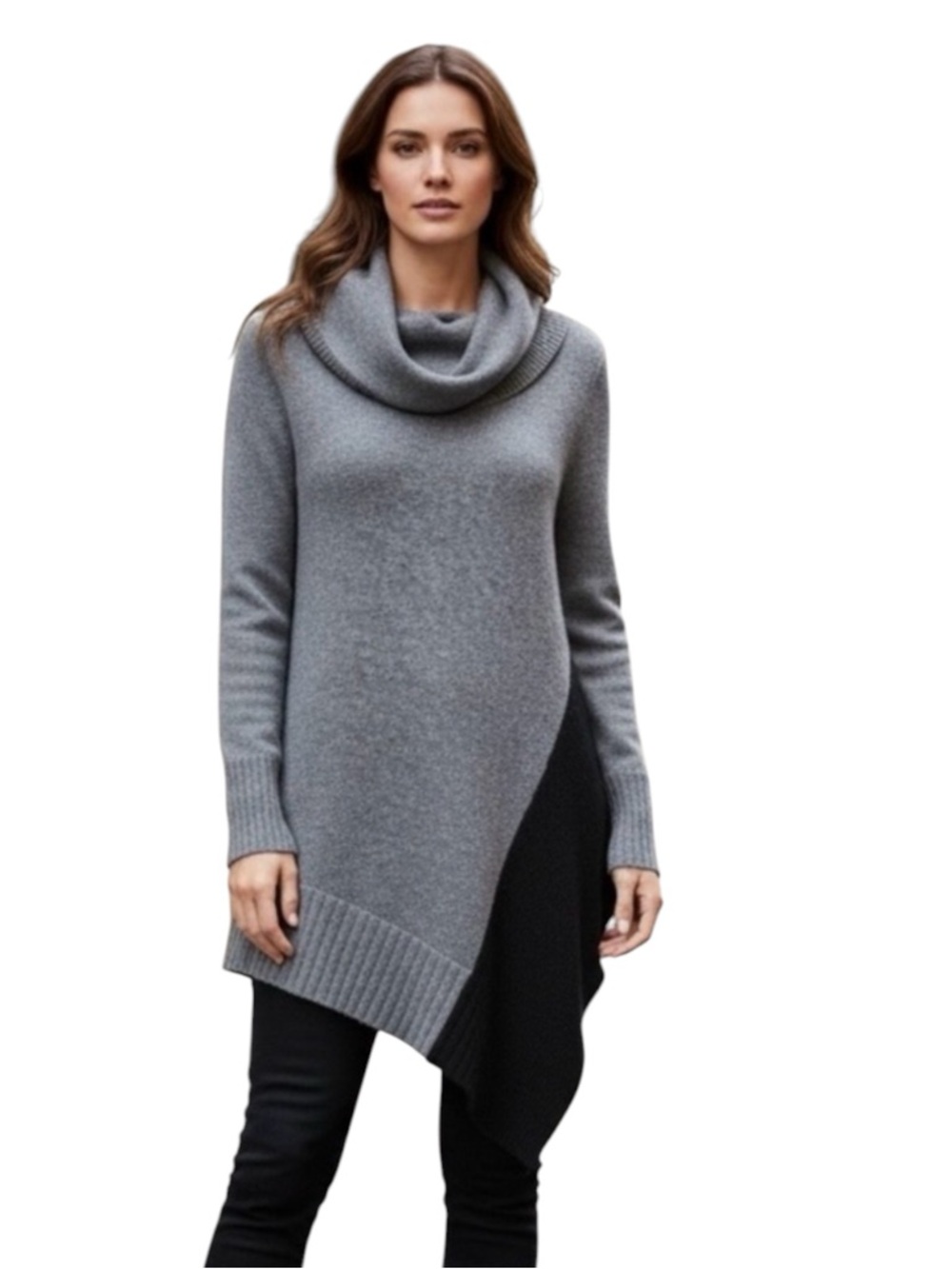 Love Token Two-Tone Gray and Black Cowl Neck Asymmetrical Long Sweater